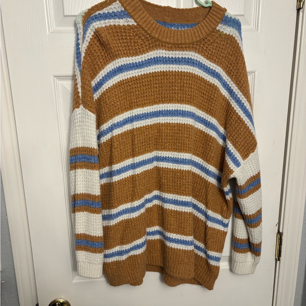 American Eagle Outfitters Brown, White, and Blue Crewneck Sweater